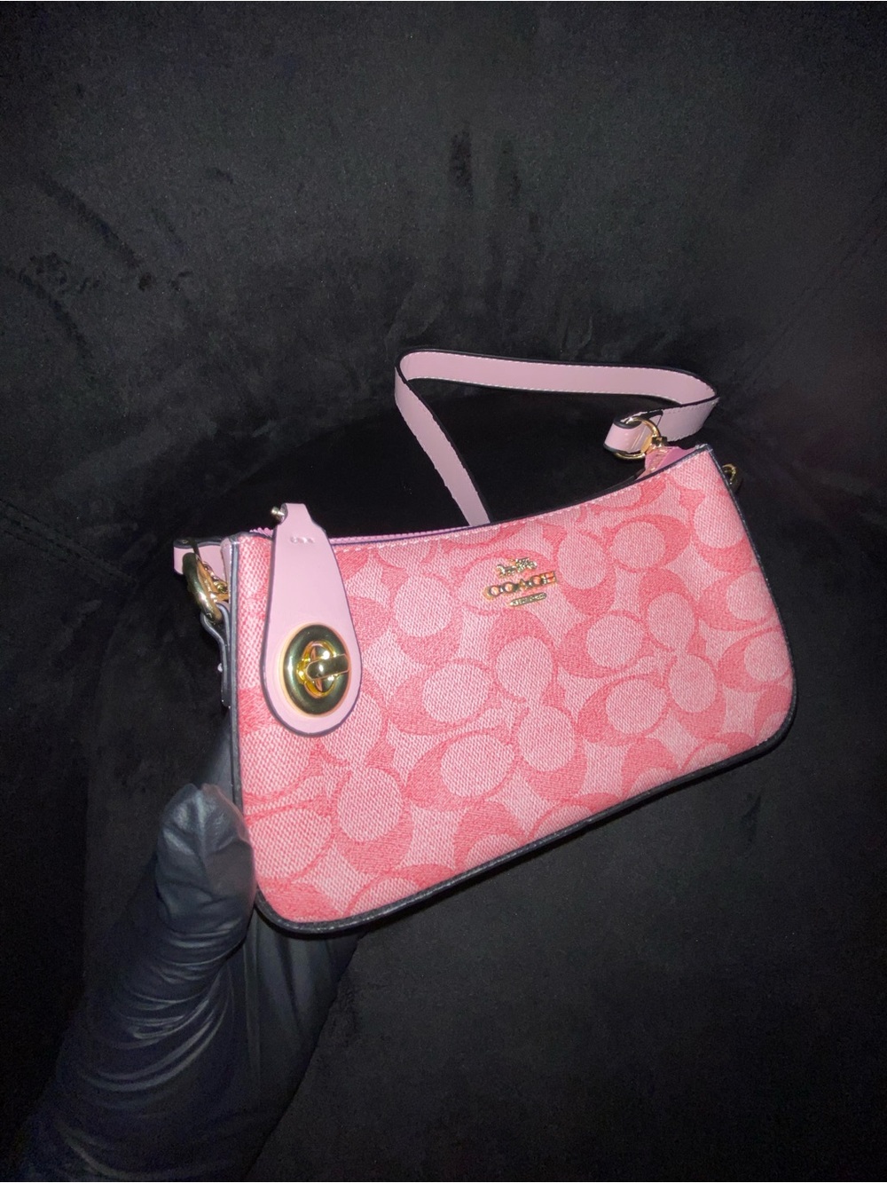 Coach Mini Shoulder Bag with Pink Signature Canvas & Gold Details
